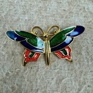 Vintage Gold Tone‎ Enamel Butterfly Brooch Blue Green Signed SFJ